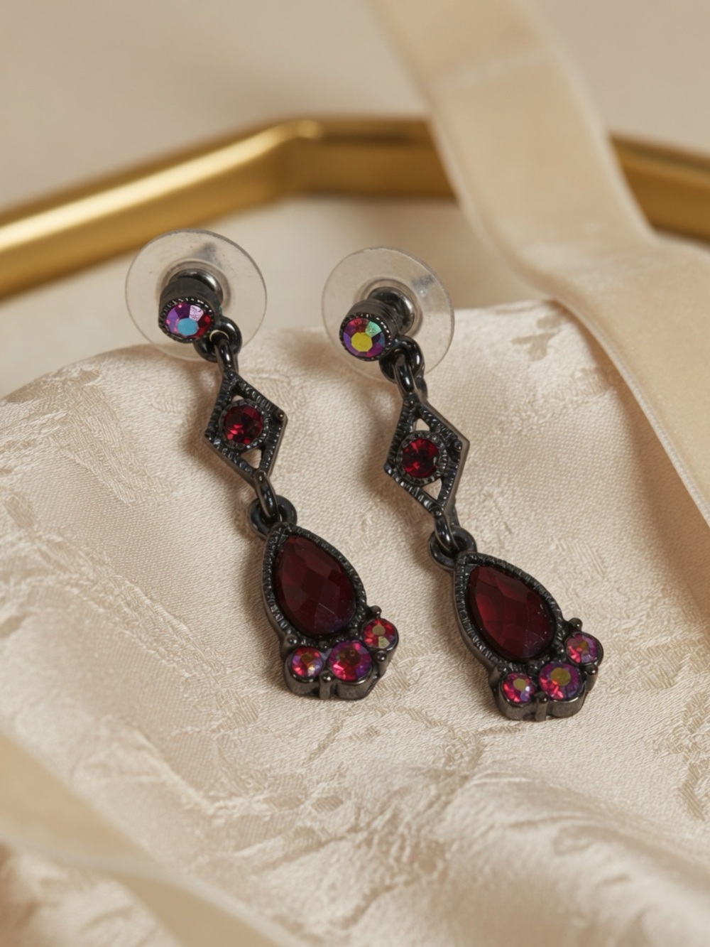 Vintage 1928 Gunmetal Red Rhinestone Dangle Earrings Victorian Gothic Style